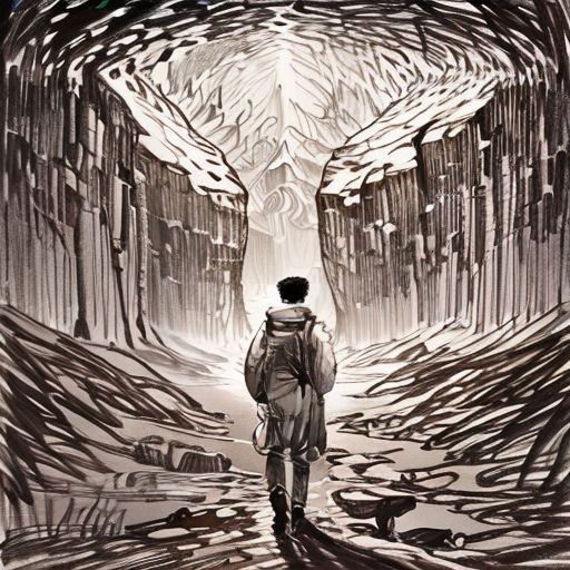 a man walking through a tunnel in a forest with a giant head on top of it's head