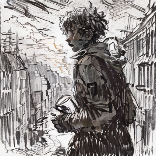 a drawing of a man standing in front of a building with a bird flying overhead and a bird flying overhead