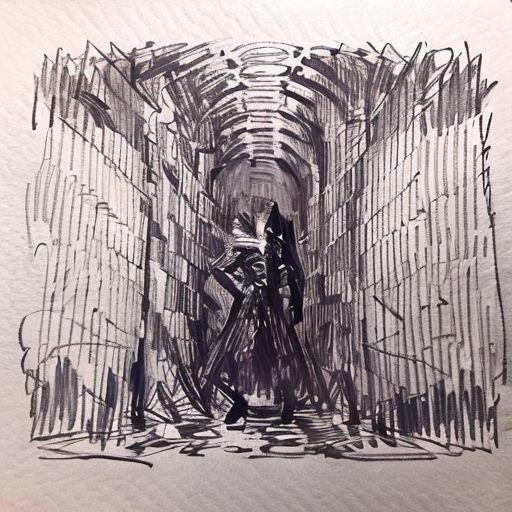 a drawing of a man standing in a tunnel with a sword in his hand and another man standing in the background