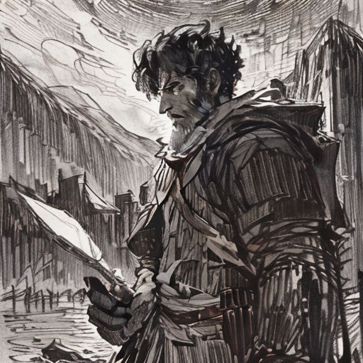 a drawing of a man holding a knife and a book in his hand, in a cityscape