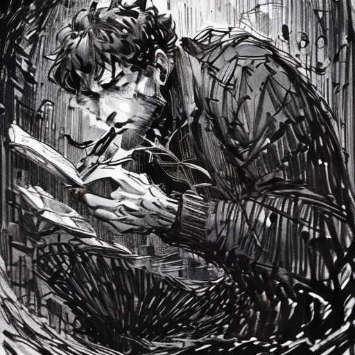 a man reading a book in a black and white drawing of a man reading a book in a black and white drawing