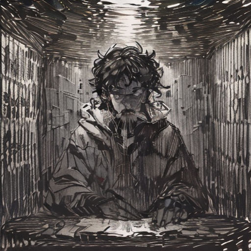 a drawing of a man sitting in a room with a light shining on him and his hands in his pockets