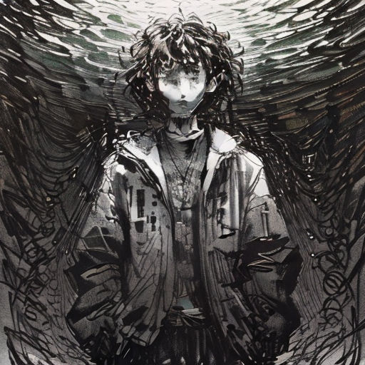 a drawing of a man with wings on his head and a hoodie on his body, standing in front of a body of water