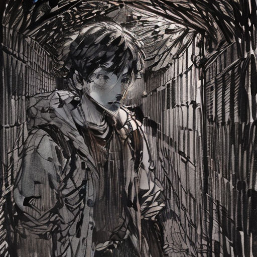 a drawing of a person standing in a tunnel of black and white lines with a scarf on his head