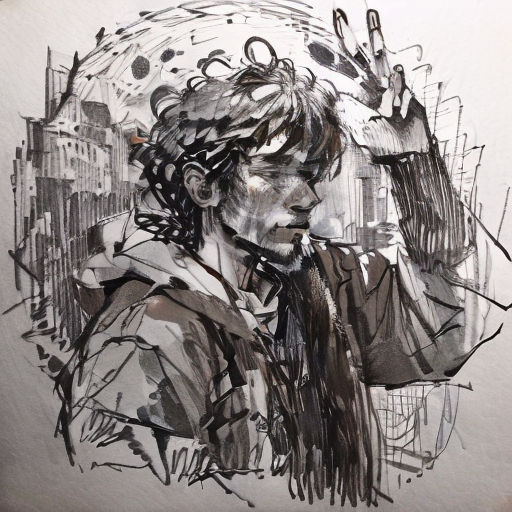 a drawing of a man with a tie and a jacket on, with a city in the background and a circle of lines
