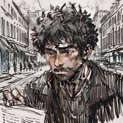 a drawing of a man with a beard and a coat on looking at something in his hand while standing in the street