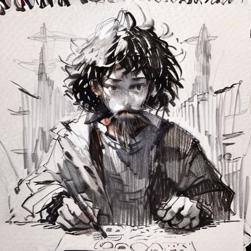a drawing of a man with a beard sitting at a table with a pen and paper in his hand