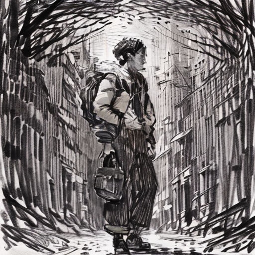 a drawing of a woman standing in a tunnel of trees with a handbag in her hand and a man in the background