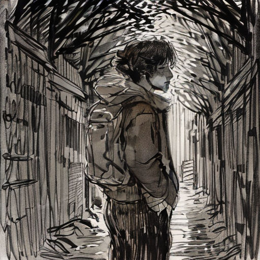 a drawing of a person walking down a street with a backpack on his back and a backpack on his shoulder