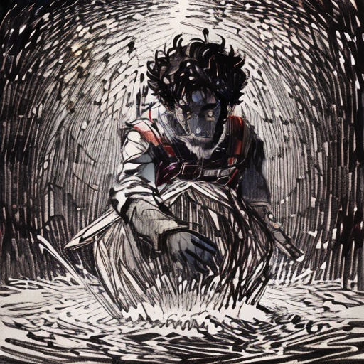 a drawing of a man in a boat in a body of water with a dog on his back and a cat on his chest