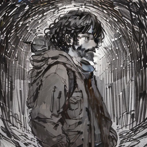 a man with a beard and a tie standing in front of a tunnel of black and white inks