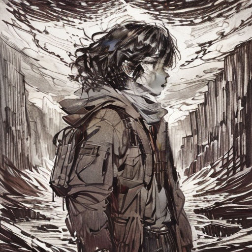 a drawing of a person with a backpack looking at something in the distance with a sky background and a person standing in the foreground