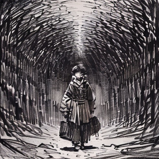 a drawing of a woman walking through a tunnel of fish like shapes with a suitcase in her hand and a man in the other hand