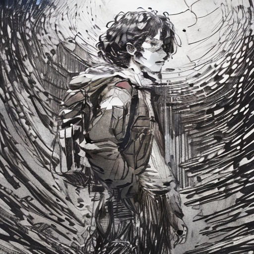 a drawing of a person with a backpack in a tunnel of ink and watercolors on paper, with a building in the background