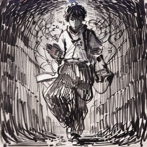 a drawing of a woman walking down a street with a backpack on her back and a book in her hand