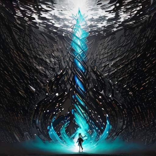 a man standing in front of a large blue structure with a light shining on it's side and a large blue structure in the middle
