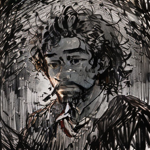 a drawing of a man with a beard and a mustache in a circular frame with leaves on it and a black background