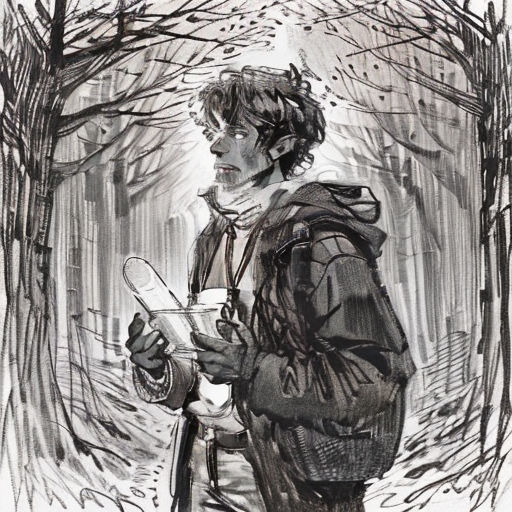 a drawing of a person standing in the woods with a book in his hand and a cup in his hand