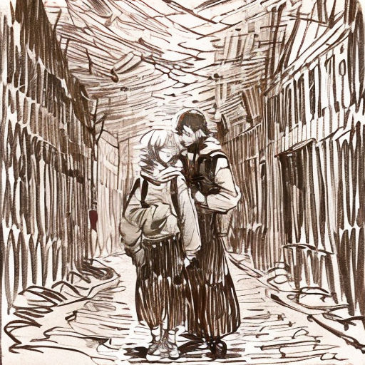 a drawing of a man and a woman walking down a street together in a tunnel of buildings with graffiti on the walls