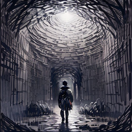 a man walking through a tunnel of books with a light at the end of it and a tunnel of books in the middle