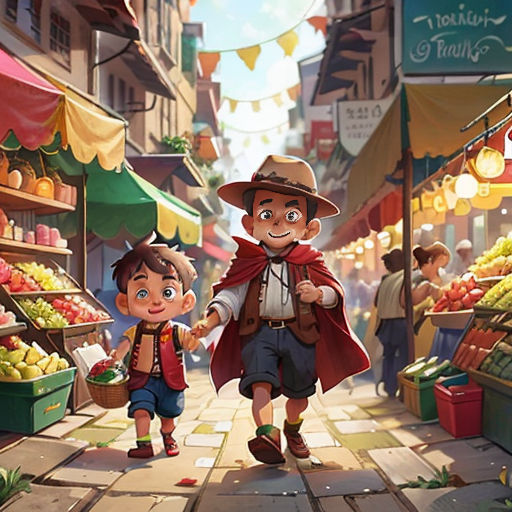 a boy and a boy are walking through a market together, holding hands and smiling at the camera,