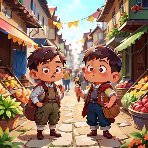 two children standing in a street with a phone in their hand and a fruit stand in the background with flags and bunting