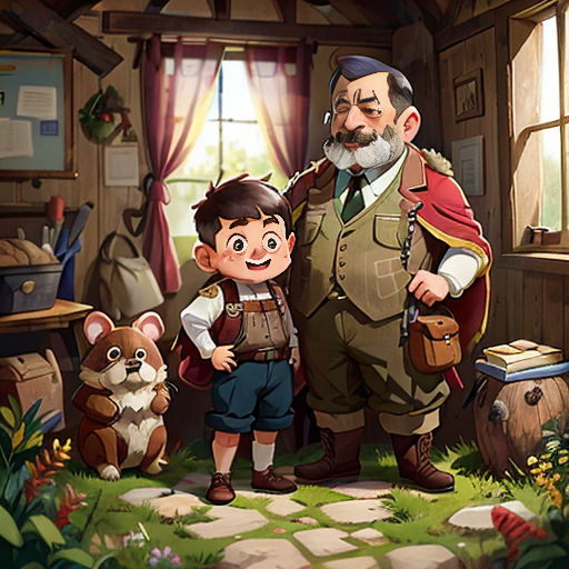 a man and a boy standing in a room with animals and plants around them, with a window and a door