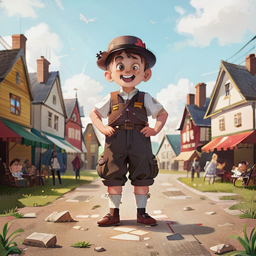 a cartoon boy standing on a street with a hat on and a backpack on his back, in front of a village