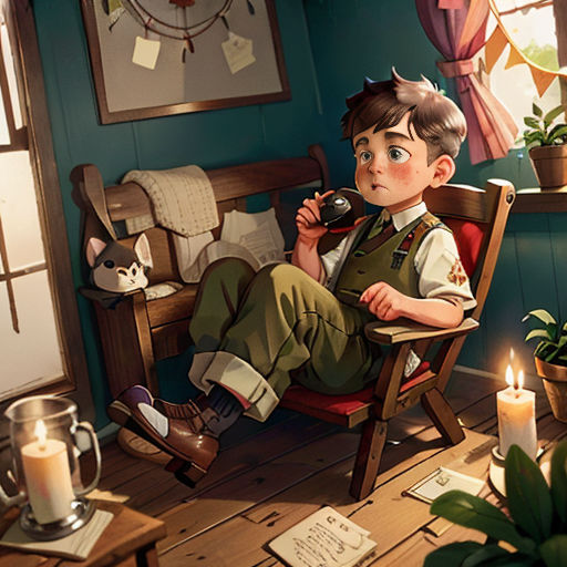 a boy sitting in a chair with a phone in his hand and a candle in his hand in front of him