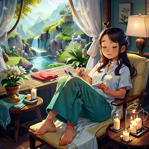 a woman sitting in a chair next to a window with a candle and a phone in her hand and a window with a mountain view