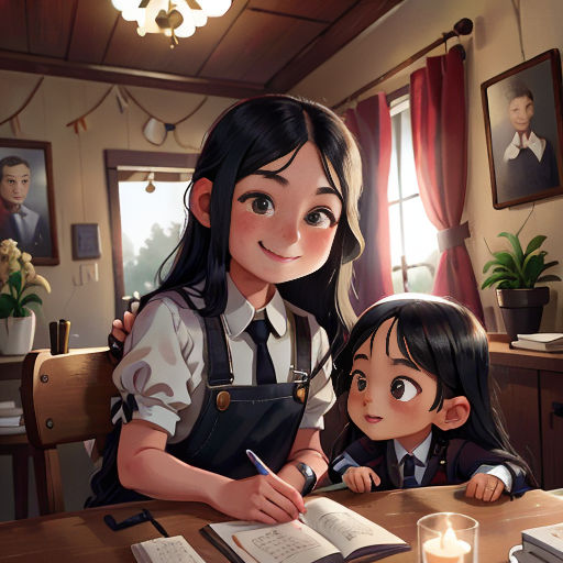 a girl and a boy are sitting at a table with a book and pen in front of them, and a candle in the middle of the table