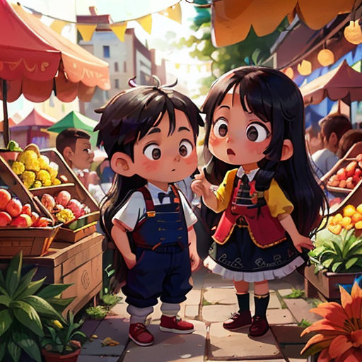 two children standing in front of a market filled with fruit and vegetables, looking at each other, with a woman looking at the child