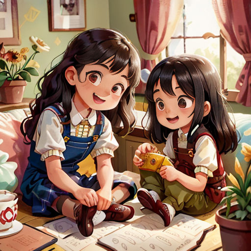 two young girls sitting on a bed next to each other in a room with a book and a cup