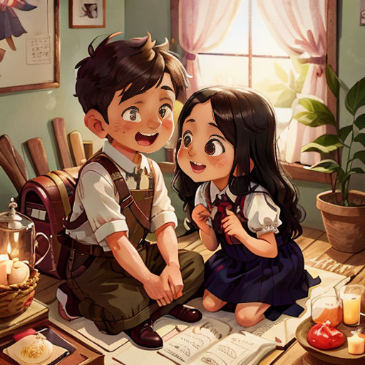 a boy and a girl sitting on a table next to each other in a room with a window and a desk with a book