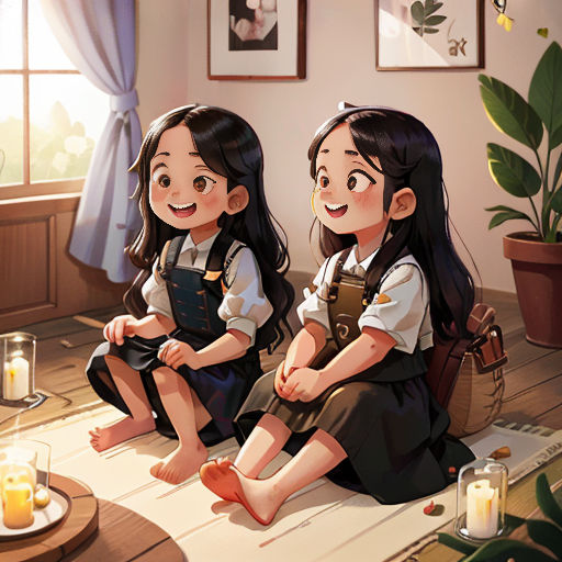 two girls sitting on a table with a candle and a potted plant in the background, both smiling
