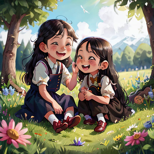 two little girls sitting in the grass together with flowers around them and trees in the background, with a sky background