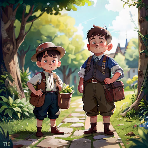 two children standing in the woods with a basket of flowers in their hands and a boy carrying a basket of flowers in his hand