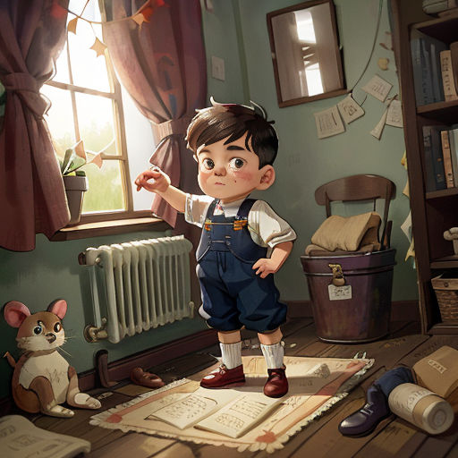 a boy standing in a room with a cat and a dog on the floor next to him and a radiator