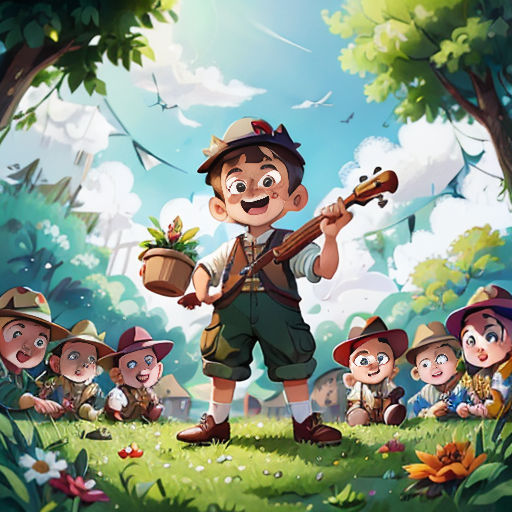 a boy with a guitar standing in front of a group of children in a forest with a bird on his shoulder