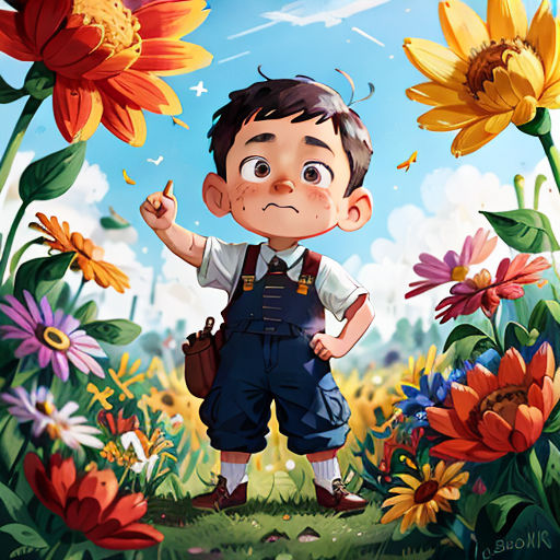 a boy standing in a field of flowers with a butterfly flying overhead in the sky above him and a bird flying above him