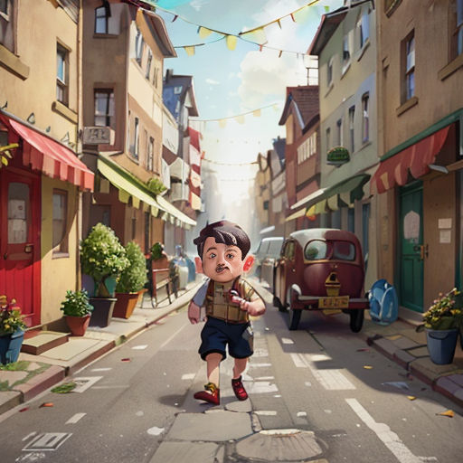 a boy is walking down a street in a cartoon style with a car and buildings in the background and a string of lights strung across the street