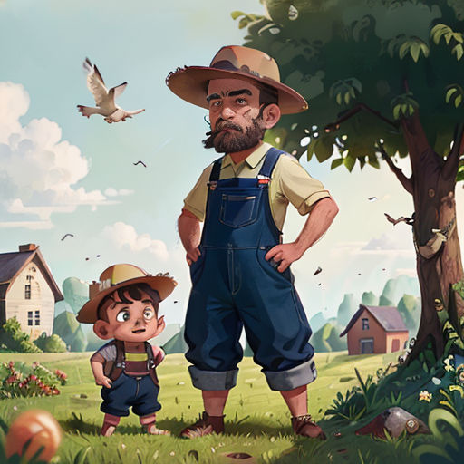 a man and a boy standing in a field with a bird flying overhead in the background, with a bird flying overhead