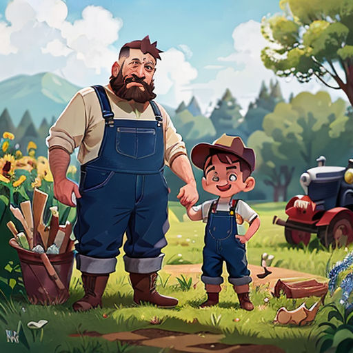 a man and a child standing in a field with a tractor and a car in the background, with a man holding the hand of a child