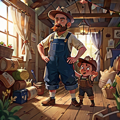 a man and a boy standing in a room with a lot of barrels and barrels on the floor and a window
