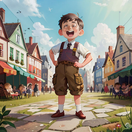 a cartoon boy standing in a village with a lot of people in the background and a sky with clouds