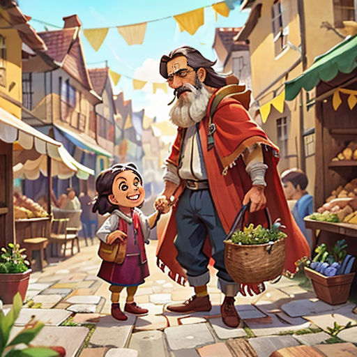a man and a little girl are walking down a street holding hands and holding a basket of vegetables in front of a market