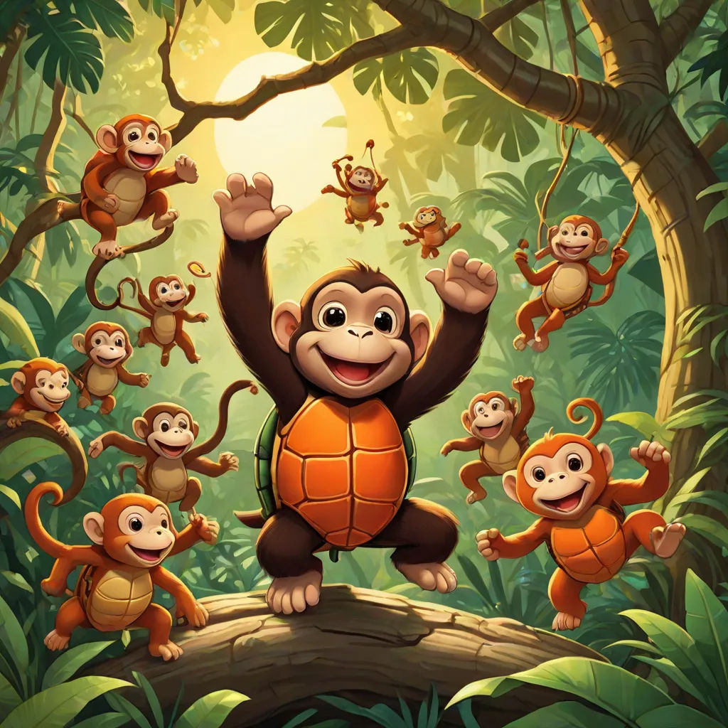 a group of monkeys hanging around a tree in the jungle with a turtle on the log in front of them, Alex Petruk APe, sots art, a storybook illustration, promotional image