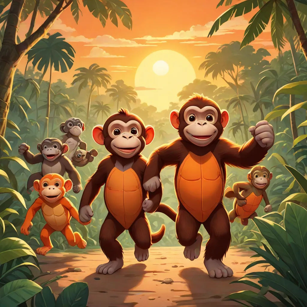 a group of monkeys standing in the middle of a jungle with the sun setting behind them and palm trees, Alex Petruk APe, sots art, an album cover, official art