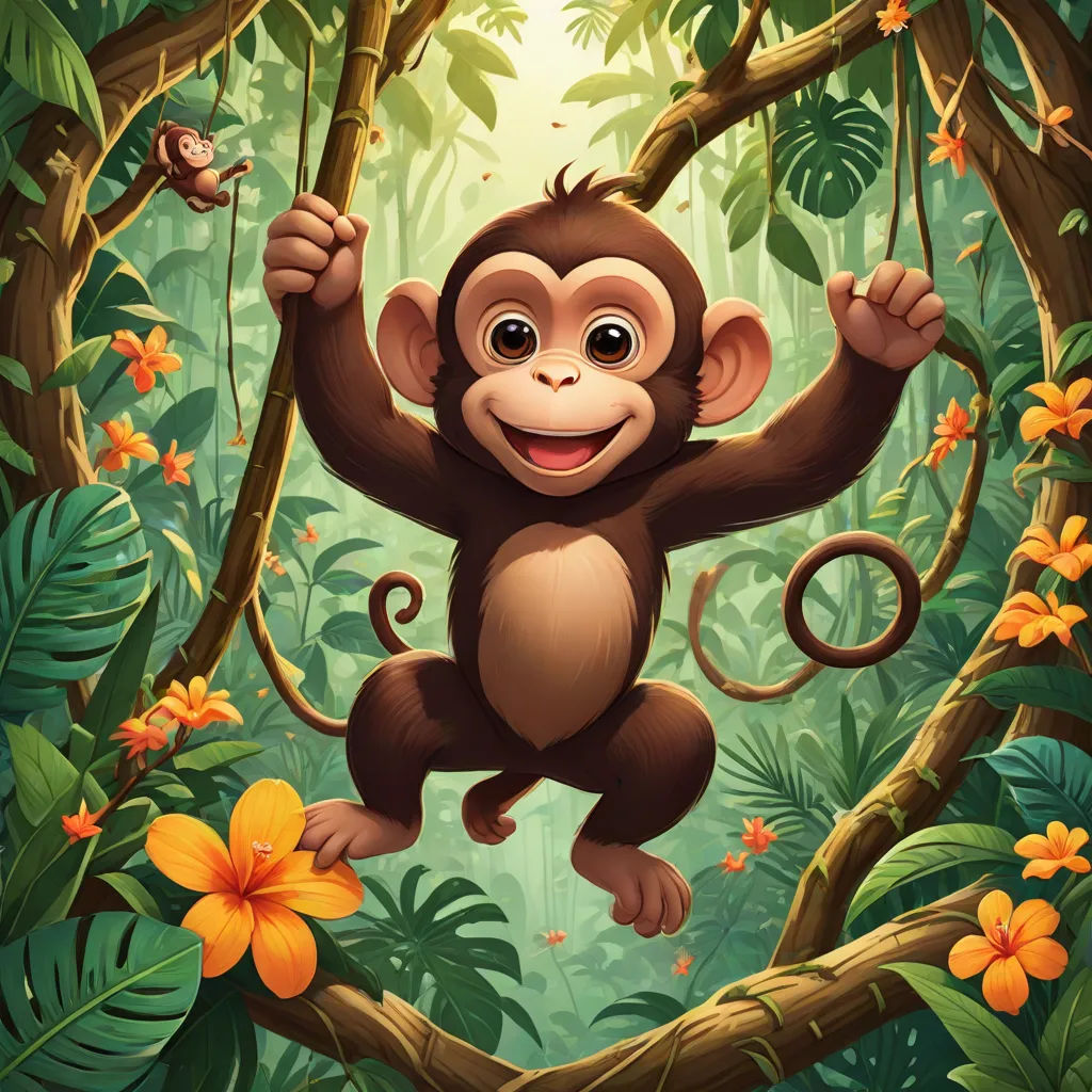 a monkey hanging on a tree in the jungle with flowers and leaves around it and a bird flying above, Alex Petruk APe, primitivism, a storybook illustration, jungle