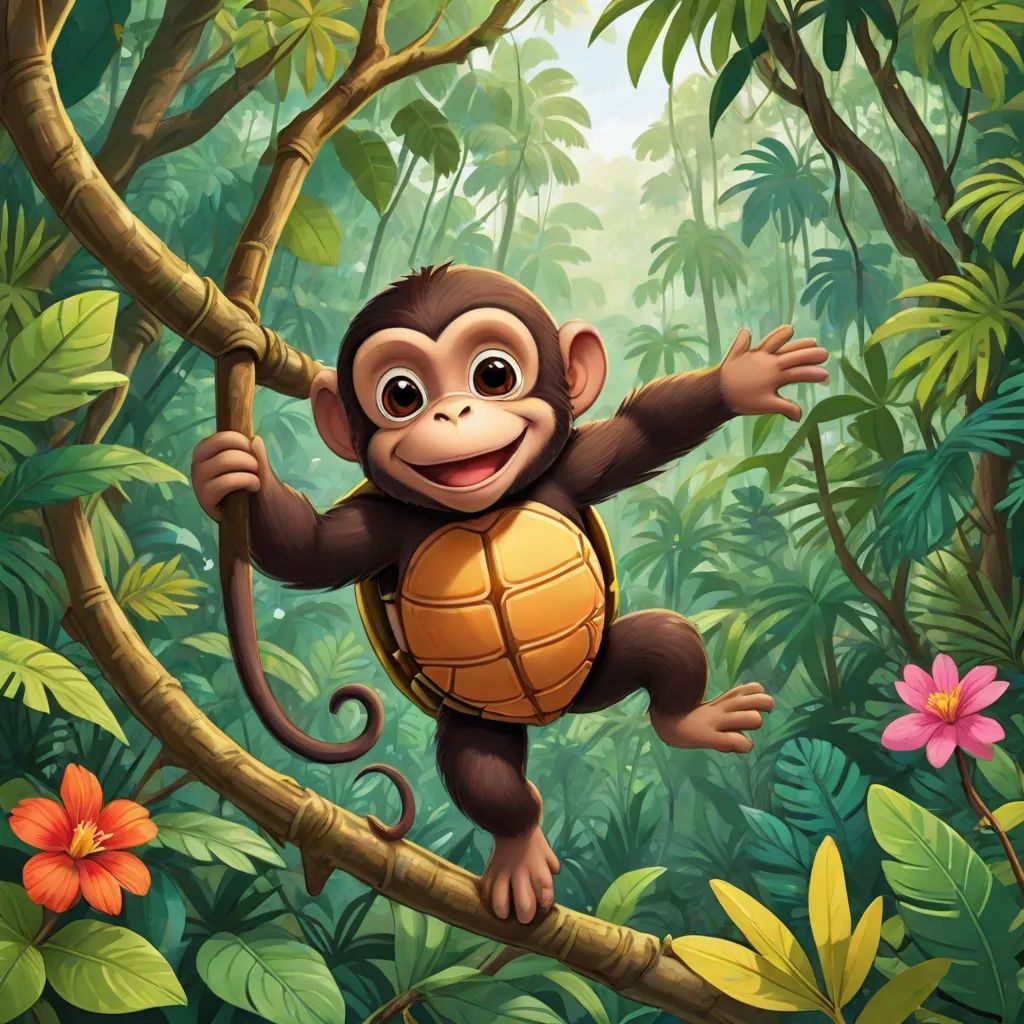 a monkey hanging on a tree in the jungle with a ball in its hand and a flower in the foreground, Alex Petruk APe, sots art, a storybook illustration, jungle
